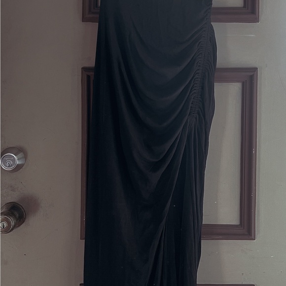 Draped & Cinched Cascading High-Leg Slit Long Black Dress w/ a High Neck - Picture 4 of 5